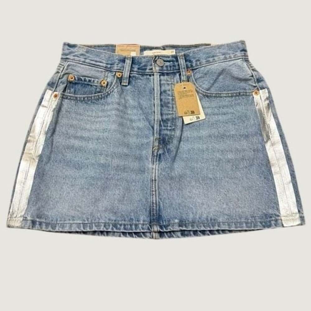 Levis Icon Skirt 27 Metallic Stripe Denim Mini Skirt Light Wash Blue Cotton NEW